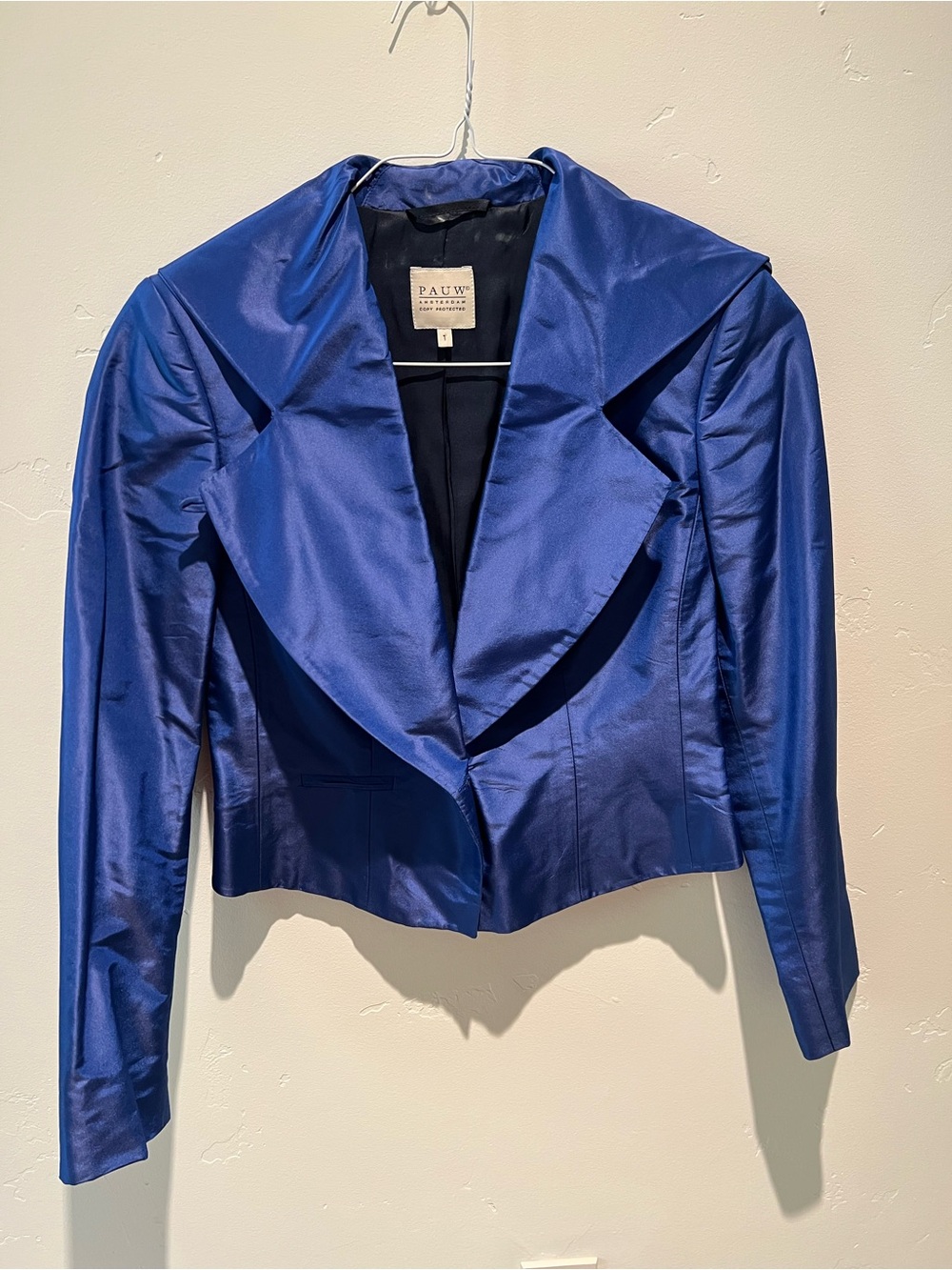 PAUW Amsterdam Blue Silk Cropped Jacket Size 1 Statement Collar Evening Blazer